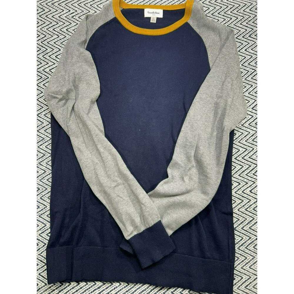 Goodfellow & Co Men's M Tall Blue & Gray Colorblock Cotton Sweater Mustard Ribbe